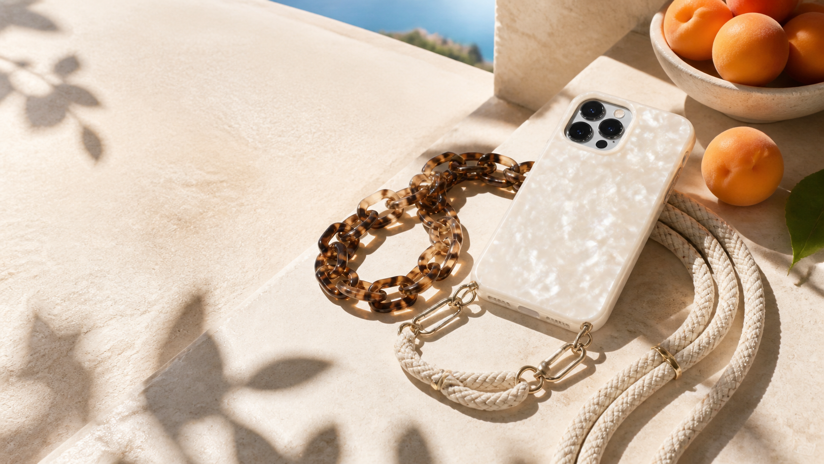HOBB phone case, chain and cord in Mediterranean sunlight